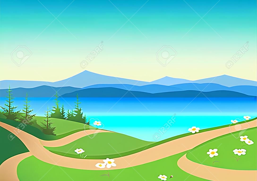 Path through a flowering meadow against the backdrop of a beautiful landscape. Travel and outdoor recreation. Vector illustration of beautiful nature.