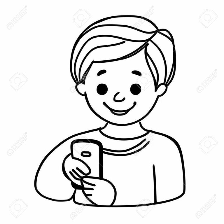 Muchacho sonriente mensajes de texto con el teléfono celular. Cartoon dibujado a mano ilustración