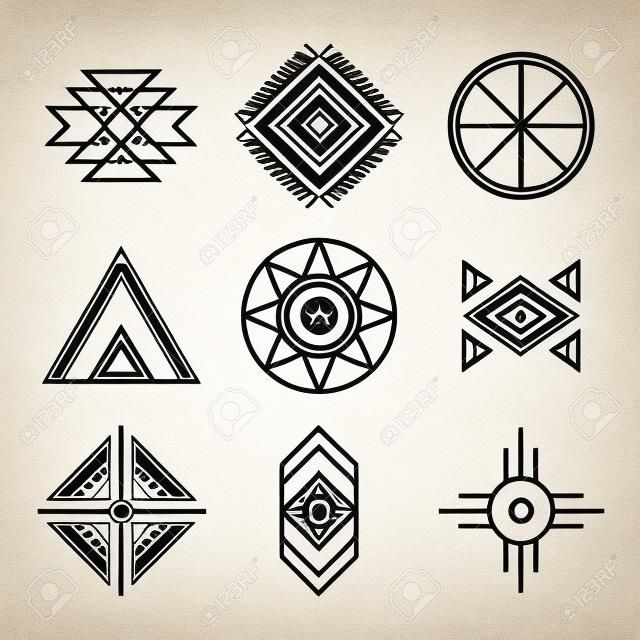 Native American Indian Tribal Symbole Ustaw. Styl normalny. Geometryczne ikony samodzielnie na białym tle
