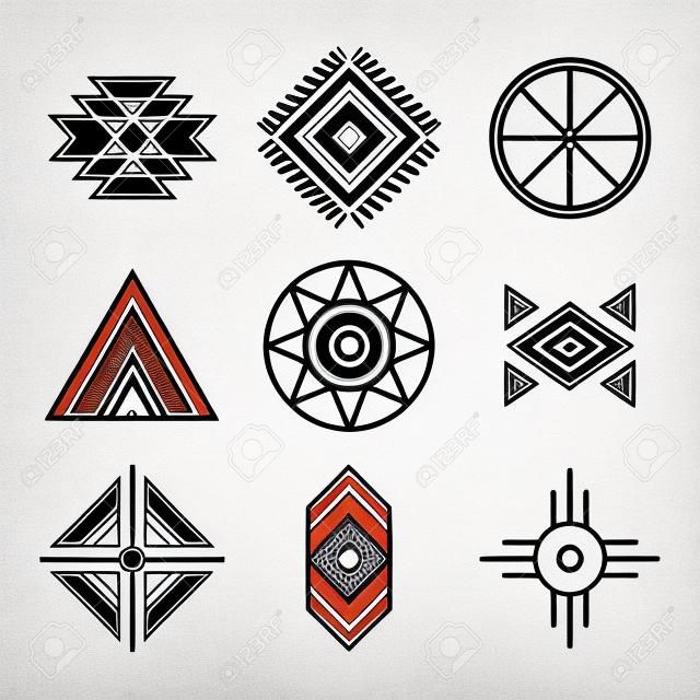 Conjunto de símbolos tribais de índios nativos americanos. Estilo linear. cones geométricos isolados no branco