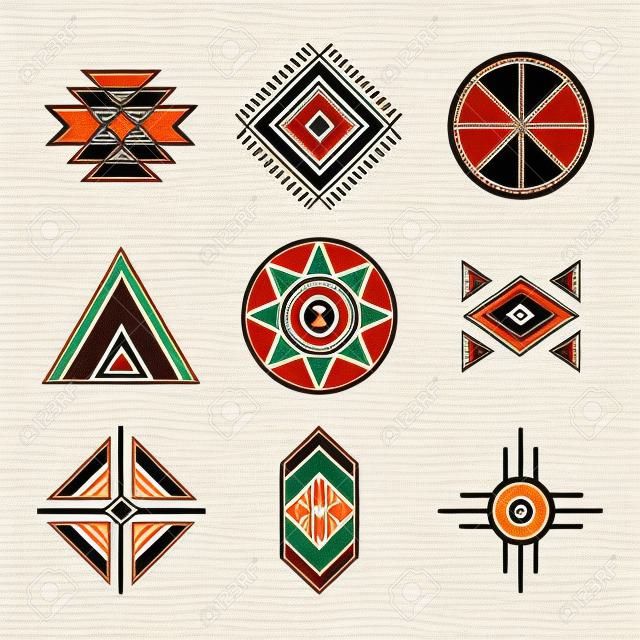 土著印第安人部落的符號設置。線性風格。隔絕在白色幾何圖標