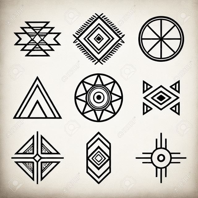 Indiánok törzsi szimbólumok beállítása. Lineáris stílusú. Geometriai ikonok, elszigetelt, fehér