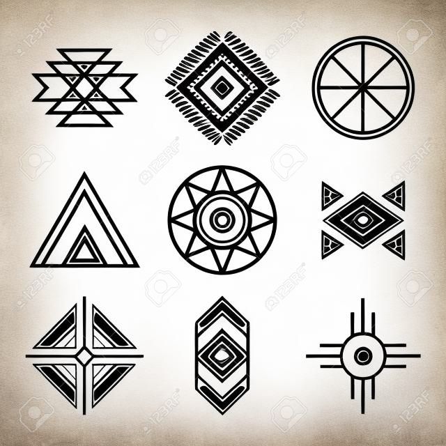 Inheemse Amerikaanse Indianen Tribal Symbolen Set. Lineaire Style. Geometrische pictogrammen geïsoleerd op wit