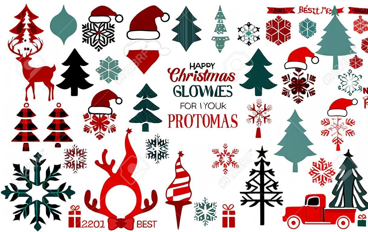 Christmas SVG bundle. Happy New Year. Buffalo plaid snowflakes. Christmas gnomes. Santa Claus squad. Arabesque tile ornament. Red truck with Christmas trees. Boho rainbow. Reindeer antlers.
