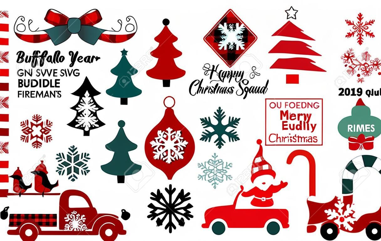 Christmas SVG bundle. Happy New Year. Buffalo plaid snowflakes. Christmas gnomes. Santa Claus squad. Arabesque tile ornament. Red truck with Christmas trees. Boho rainbow. Reindeer antlers.