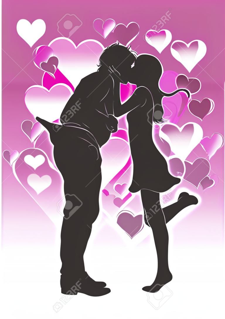 Giovane ragazzo sta baciando giovane ragazza sullo sfondo cuore rosa. Facile da modificare livelli separati. EPS 10.0 Senza trasparenza. Riempimenti sfumati.