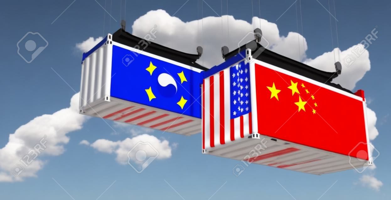 中国と韓国の旗が付いた貨物コンテナ。 3Dレンダリング