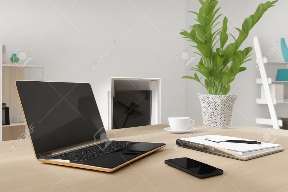 design of workplace in home office with modern equipment and objects