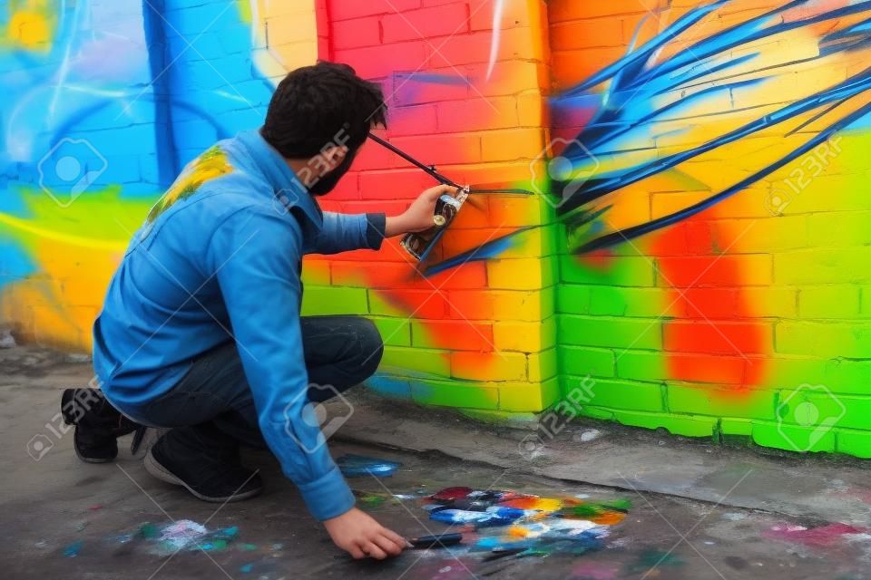 street artist painting colorful graffiti on wall of building