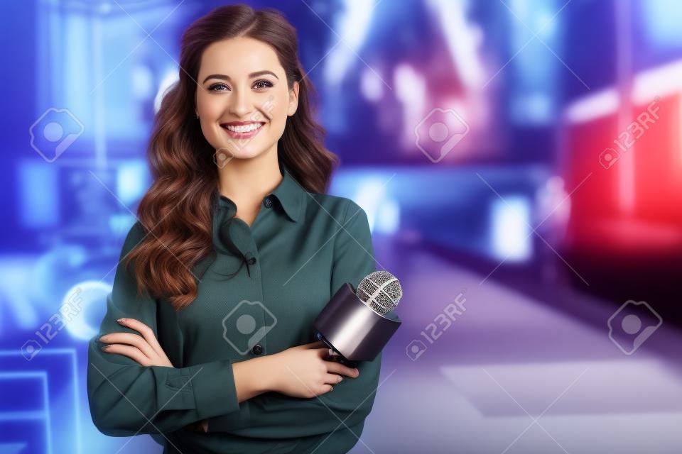 giornalista femminile allegro attraente che tiene microfono