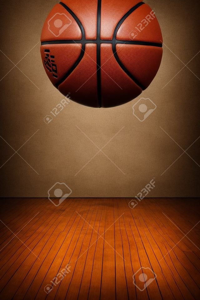 bruine basketbal bal vallen op houten vloer