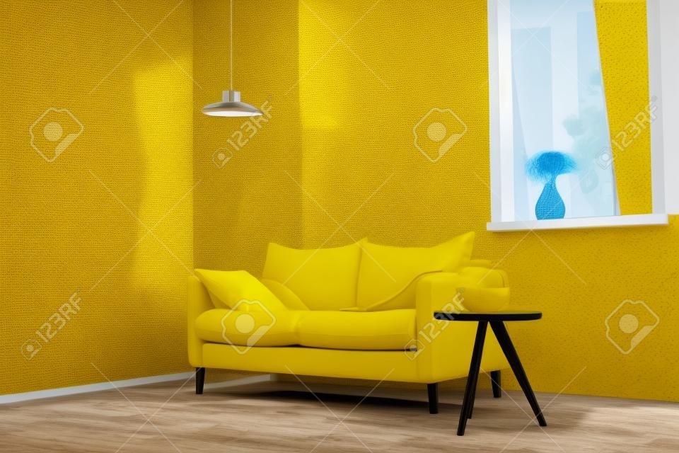 Gele bank en aquarium op tafel in woonkamer