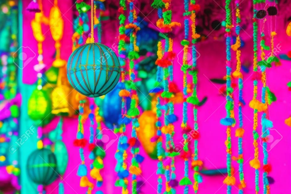 close-up view of colorful decorations hanging at Rajasthan, Pushkar