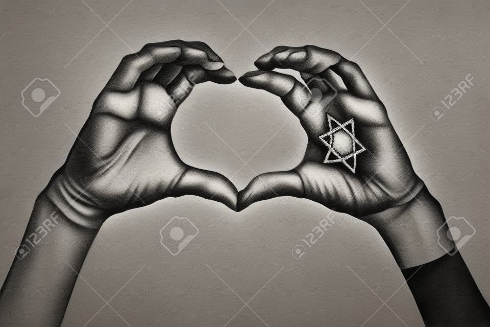 cropped view of female hands with star of david showing heart on grey