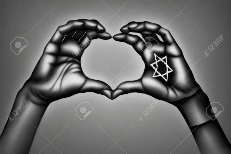 cropped view of female hands with star of david showing heart on grey