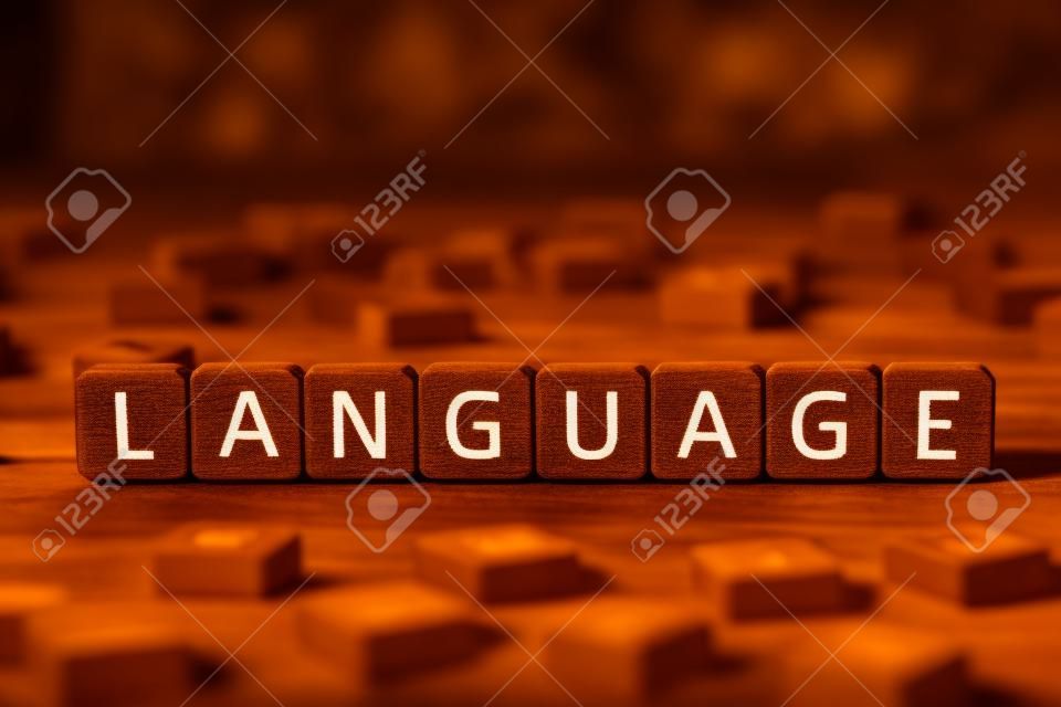 fuoco selettivo del linguaggio delle parole fatto di cubi circondati da blocchi con lettere su una superficie di legno isolata su nero