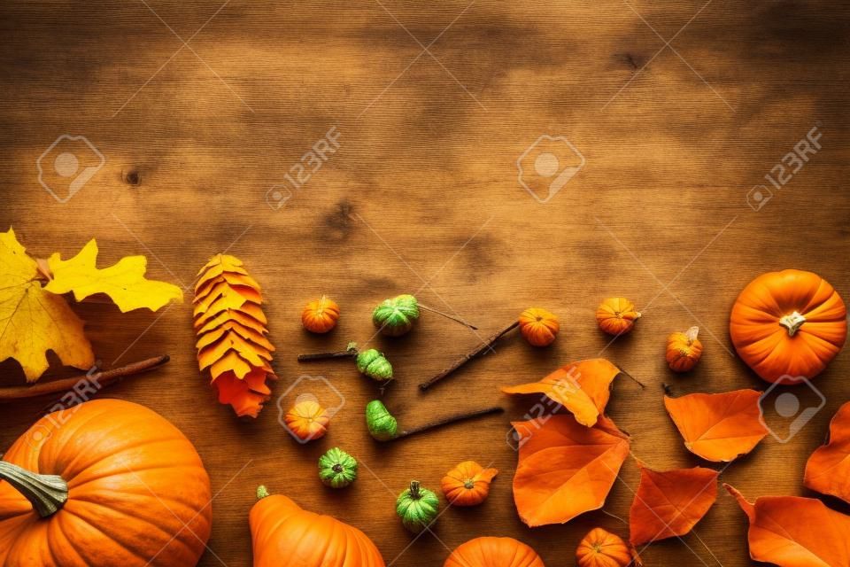 ripe whole colorful pumpkins and autumnal decor on blue background with copy space