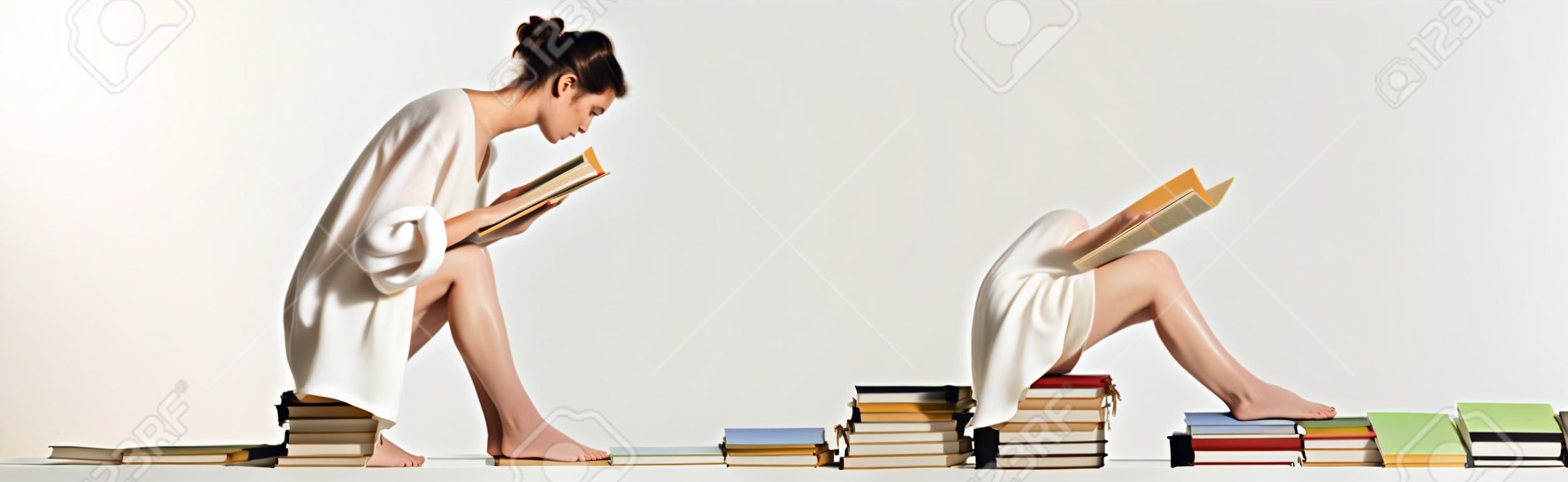 Seitenansicht einer jungen Frau in Sandalen, die liest, während sie auf einem Stapel Bücher auf Weiß sitzt, Banner