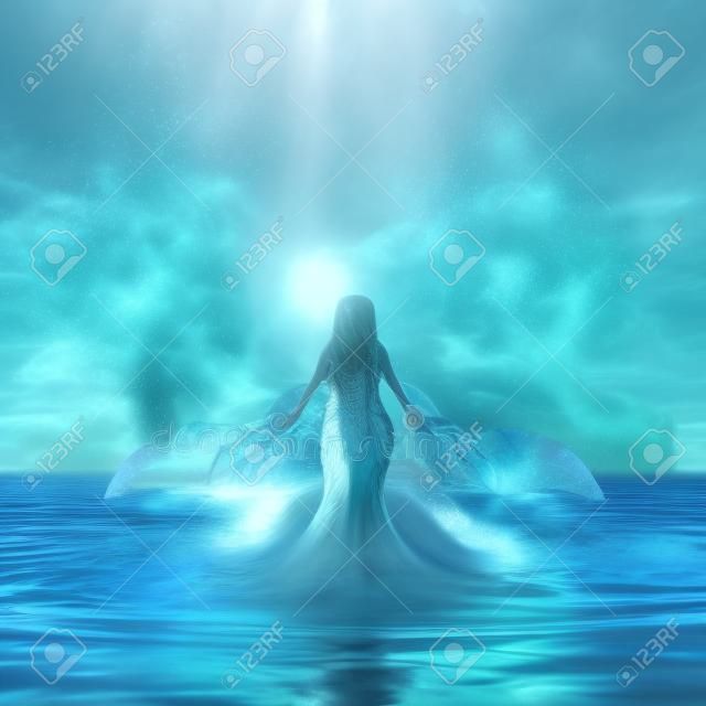 水しぶきに身を包んだ水の上に堂々と現れる水の元素の女神の3Dレンダリング。女性の力のコンセプト。AIが生成したアートイラスト。