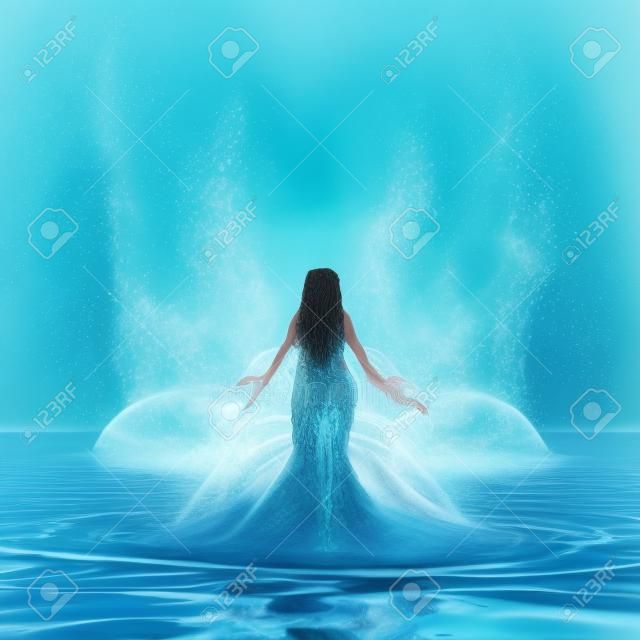 물 튀는 옷을 입고 물 위에 장엄하게 떠오르는 물 정령 여신의 3d 렌더링. 여성의 힘 개념. ai 생성 예술 그림.