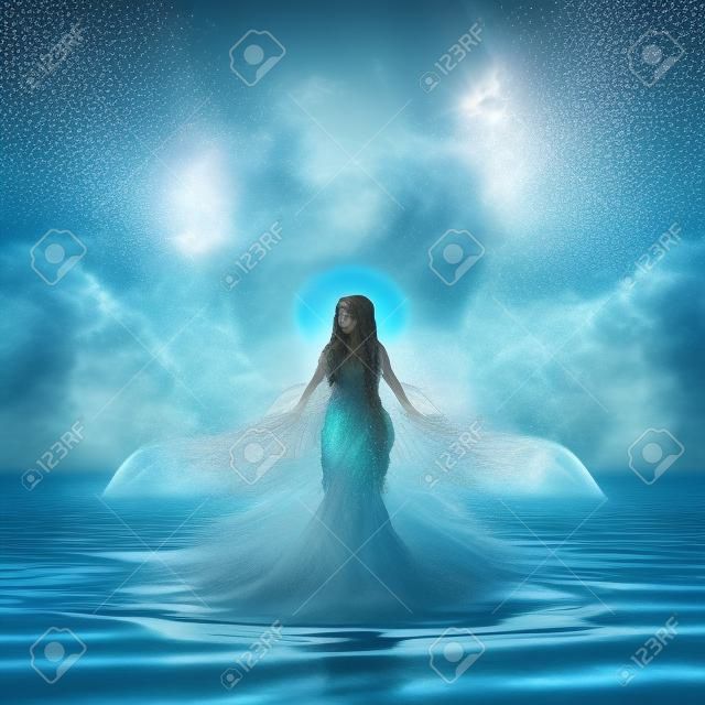 3D de la diosa elemental del agua emergiendo majestuosamente sobre el agua vestida con salpicaduras de agua. concepto de poder femenino. ilustración de arte generada por ai.