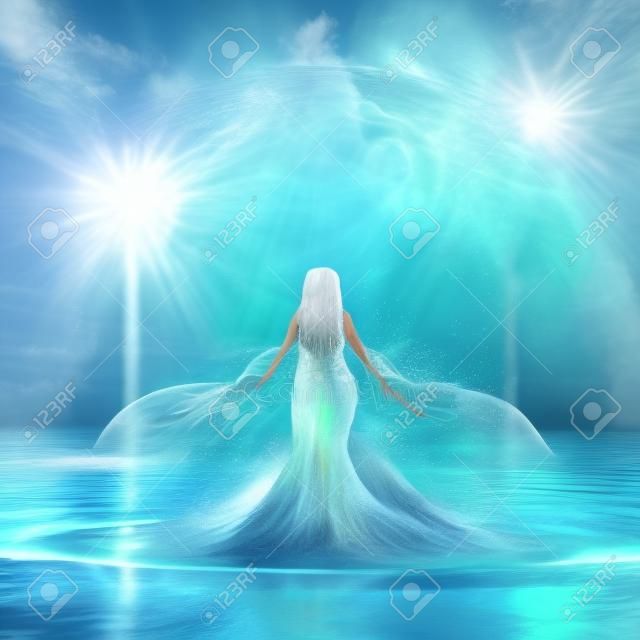 水しぶきに身を包んだ水の上に堂々と現れる水の元素の女神の3Dレンダリング。女性の力のコンセプト。AIが生成したアートイラスト。