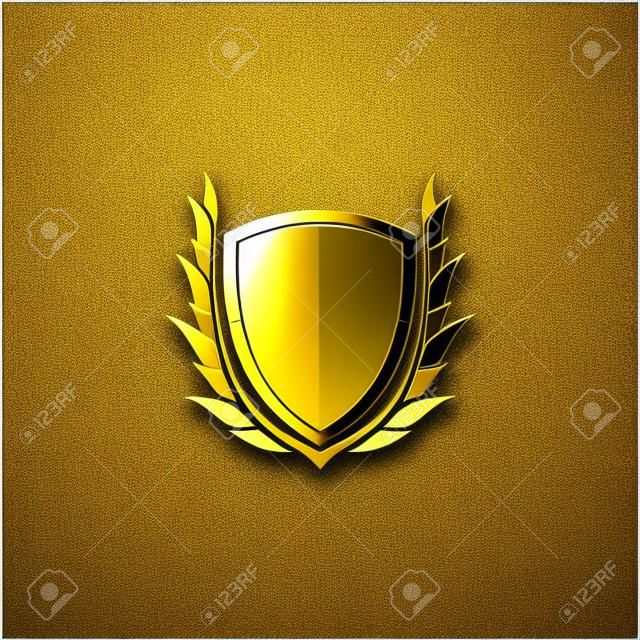 Distintivo in bianco Scudo con stemma Etichetta Armatura Elemento di design in oro di lusso Modello per lo sfondo del logo Elemento decorativo per inviti di carte
