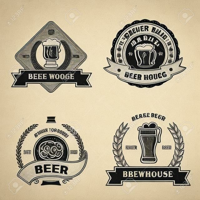 Set of vintage monochrome badge, logo  and design elements for beer house, bar, pub, brewing company, brewery, tavern, restaurant - mug, glass, barrel, wheat icons