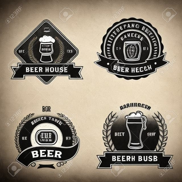 Set of vintage monochrome badge, logo  and design elements for beer house, bar, pub, brewing company, brewery, tavern, restaurant - mug, glass, barrel, wheat icons