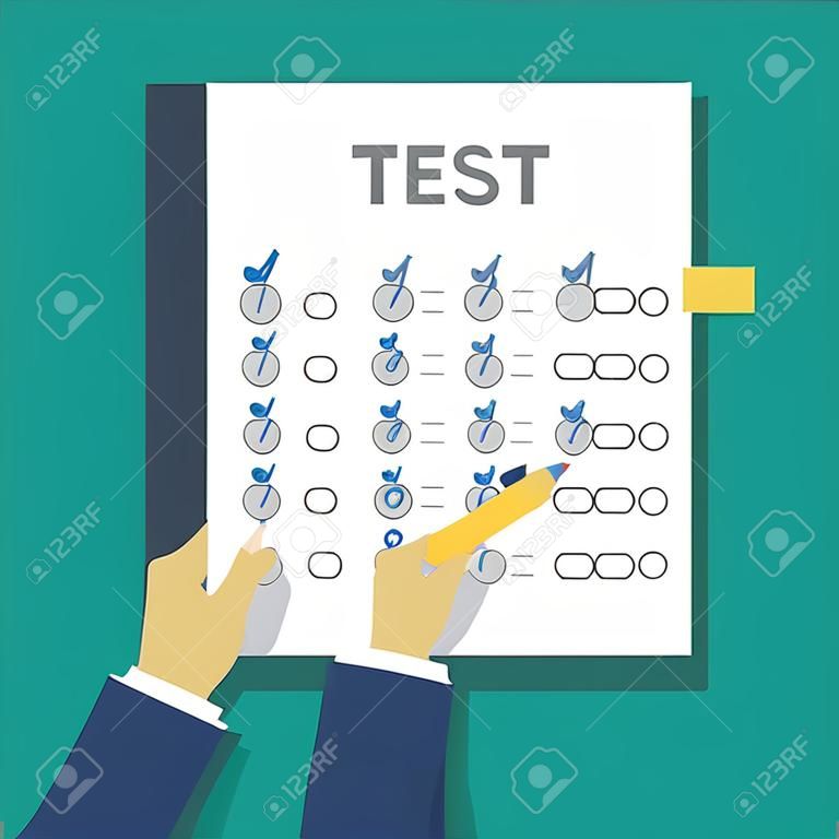 Antworten auf Test-Prüfung Antwort Blatt mit Bleistift und Studenten der Hand. Wohnung Stil Vektor-Illustration isoliert auf weißem Hintergrund.
