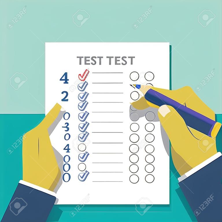Answers to exam test answer sheet with pencil and student hand. Flat style vector illustration isolated on white background.