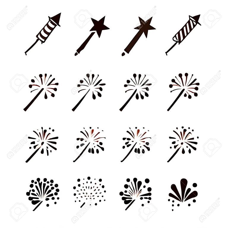 烟花图标与花火设置，明星。节庆活动，庆祝和聚会。向量