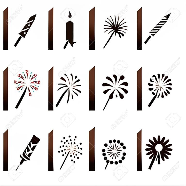 Firework icon set with petard, stars. Festival and event, celebrate and party. Vector
