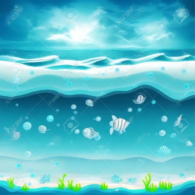 Underwater seamless landscape,  cartoon background for game design. Sea water, nature ocean wave illustration