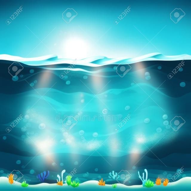 水下景觀渾然一體，卡通背景的遊戲設計。海水，自然海浪插圖