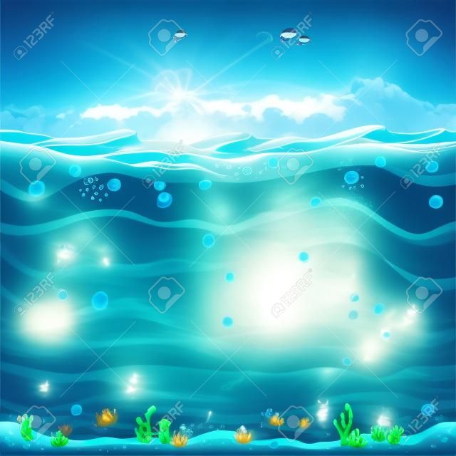 Víz alatti varrat nélküli táj, rajzfilm háttér játék design. Tengervíz, óceán hullám illusztráció