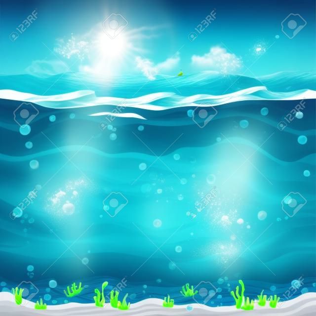 Paisagem sem emenda subaquática, fundo dos desenhos animados para o projeto do jogo. Água do mar, ilustração da onda do oceano da natureza