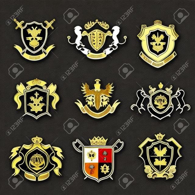 Brasão heráldico de armas emblemas decorativos pretos com coroas reais e animais ilustração vetorial isolada.