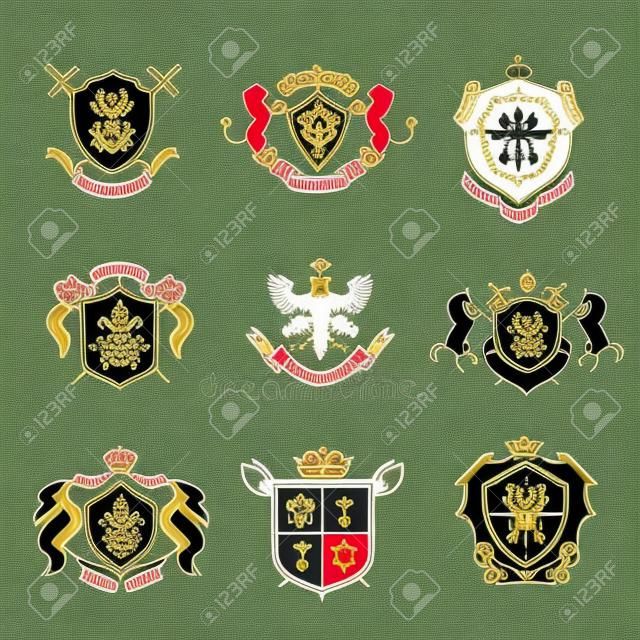 Heraldic coat of arms decorative emblems black set with royal crowns and animals isolated vector illustration.