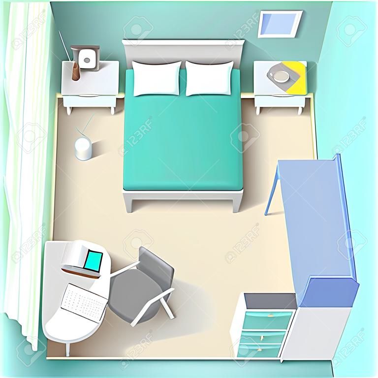 卧室室内设计与床衣柜的工作台与电脑和桌面视图现实的现代客厅矢量插图