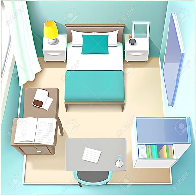 卧室室内设计与床衣柜的工作台与电脑和桌面视图现实的现代客厅矢量插图