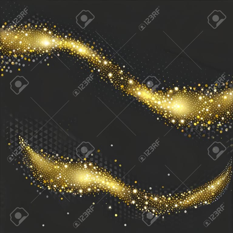 Vektor arany csillogó konfetti hullám Stardust nyomvonalat. Kozmikus csillogó varázslatos tündér por