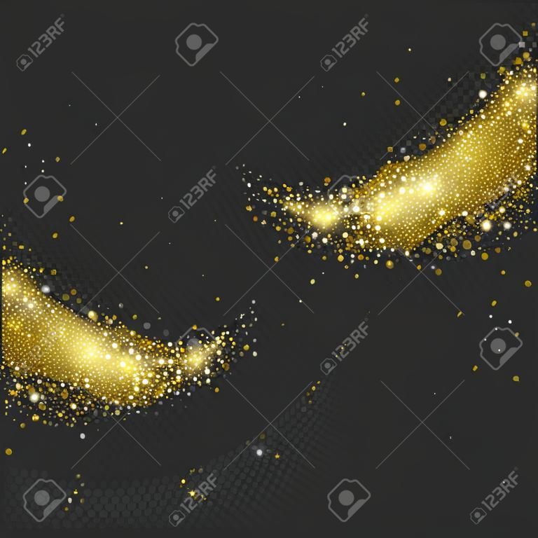 Vector golden sparkling confetti wave Stardust trail. Cosmic glittering magic fairy dust