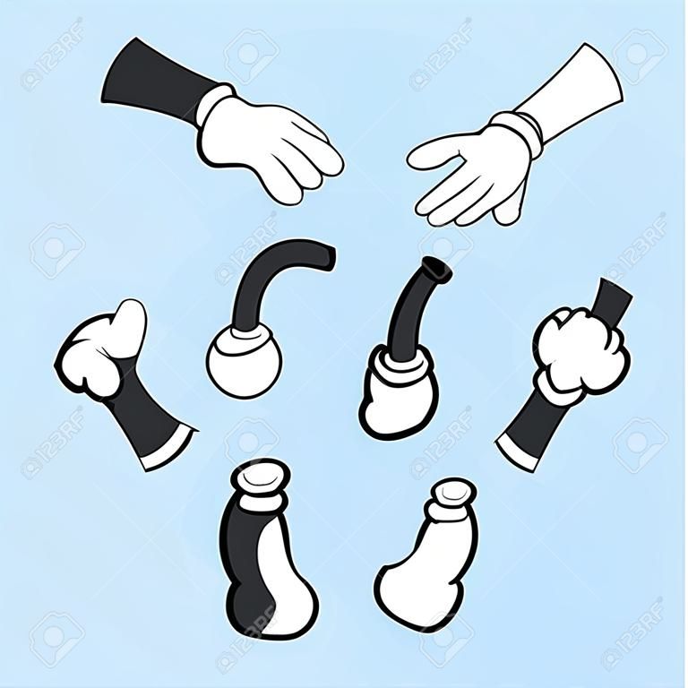 Cartoon hands and legs vector set for animation, illustration of comical hand in glove