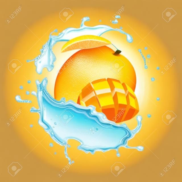 A splash of juice with mango and ripe mango slices. Vector realistic illustration
