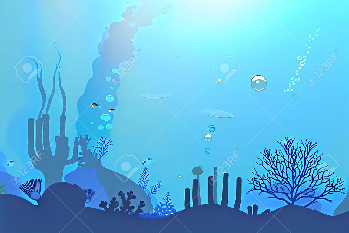 Fondo subacqueo dell'oceano con barriera corallina, alghe, piante, pesci e bolle. Mare, paesaggio marino, illustrazione vettoriale sottomarino