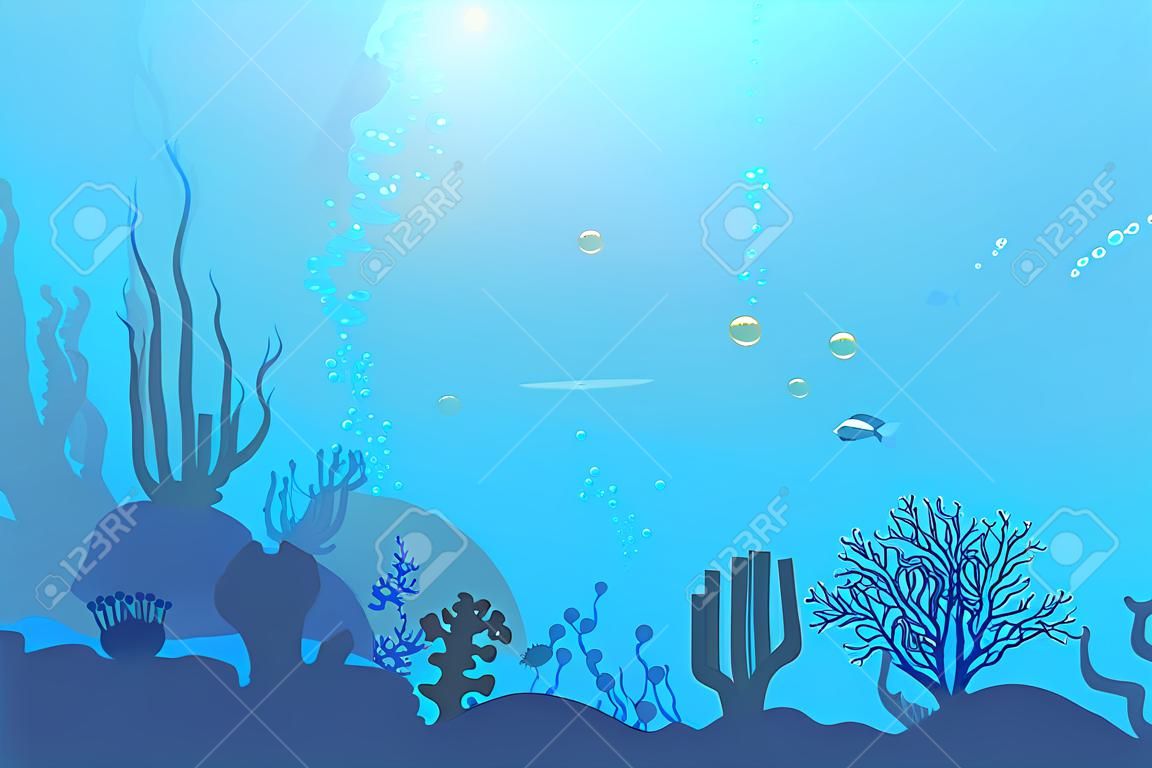 Fondo subacqueo dell'oceano con barriera corallina, alghe, piante, pesci e bolle. Mare, paesaggio marino, illustrazione vettoriale sottomarino