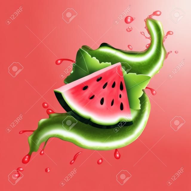 Pastèque en illustration réaliste de splah de jus de fruits frais rouge