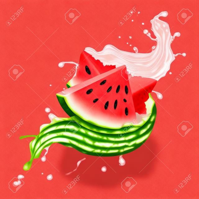 Pastèque en illustration réaliste de splah de jus de fruits frais rouge