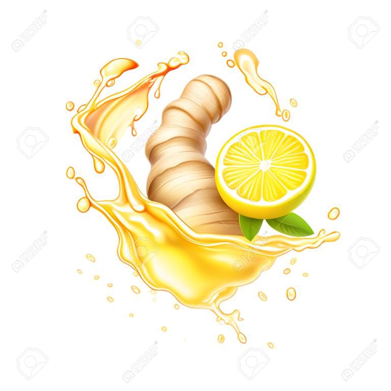 생강 뿌리, 감귤류, 노란색 차 스플래쉬 삽화. 액체 튀는 진저에일 3d 벡터
